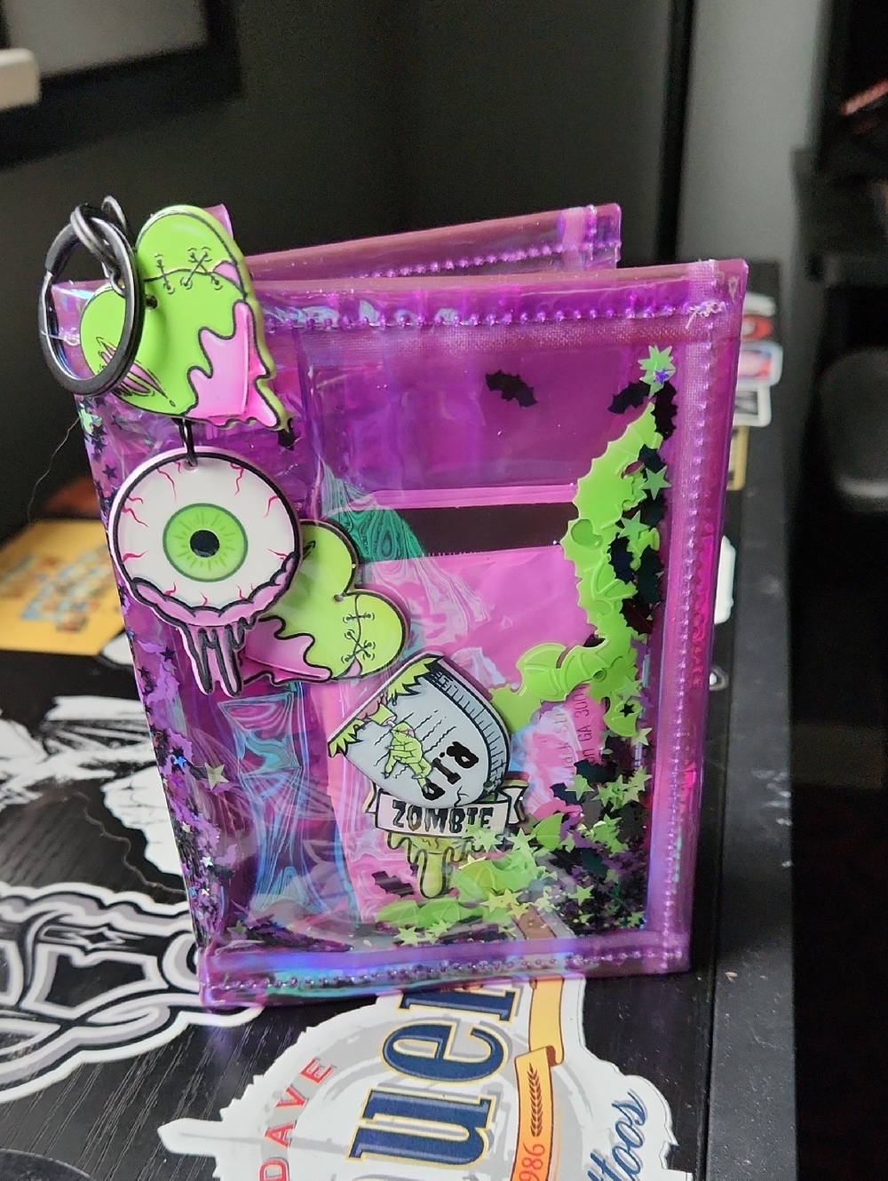 Electric Bubblegum Purple Clear PVC Card Holder Wallet with Green Zombie Accents